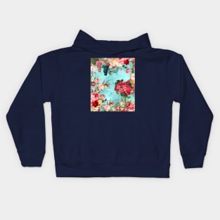 Elegant Vintage flowers and roses garden shabby chic, vintage botanical, pink floral pattern aqua blue artwork over a Kids Hoodie